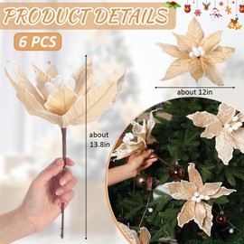 Zeyune 6 Pcs Christmas Poinsettia Flowers Artificial 12 Inch Large Frost Edged Flannel Christmas Faux Poinsettia Flowers Xmas Tree Decor for New Year Wedding Party(Champagne)
