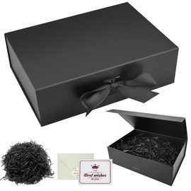 Black Gift Box with Lids, Magnetic Gift Box Luxury Present Box with Cards Envelopes Confetti Presentation Box Flat Pack Gift Boxes for Birthday Wedding, 22 * 16.5 * 8.8 cm
