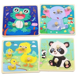 Wooden Puzzle, Wooden Toy from 1 2 3 Years, Pack of 4 Wooden Montessori Toy with Handle, Wooden Toy Children's Toy Motor Skills Toy, Animal Wooden Puzzle Puzzle Toddler Learning Toy Children