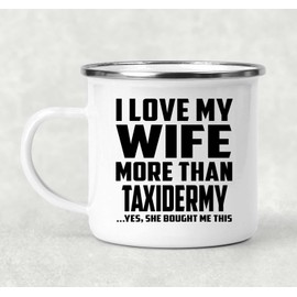 Designsify Gifts, I Love My Wife More Than Taxidermy, 12oz Camping Mug Stainless Steel Enamel Tea-Cup with Handle, for Birthday Anniversary Mom Dad Parents Fathers Mothers Day Party, to Men Women Him
