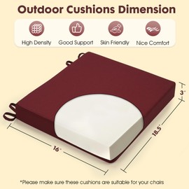 LA COUSSIN Outdoor Chair Cushions Set of 6 Fade Water Resistant, Patio Furniture Cushions with Non-Slip Ties,Square Cushions for Outdoor Furniture and Lawn Dining Chairs, 18.5 x 16 x 3, Burgundy