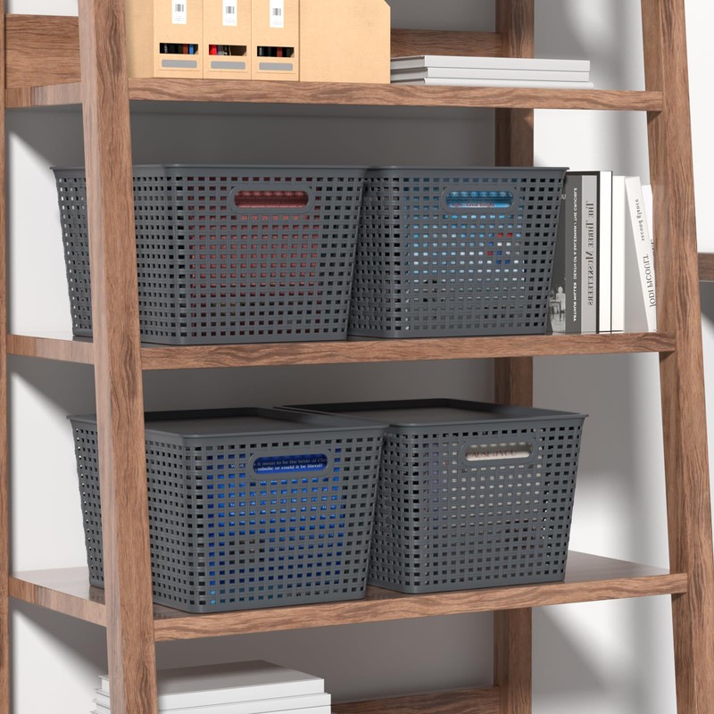 Qskely 6-Pack Large Plastic Storage Baskets with Lid, Gray