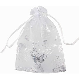 Bnsikun 100Pcs Organza Bags Butterfly Jewelry Candy Pouches Sachet Bags Drawstring Organza Gift Bags for Wedding Party Valentines Day Baby Shower Christmas (White)