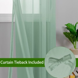 Hiasan Sheer Curtains for Bedroom with Tiebacks, Lightweight Airy Breathable Voile Drapes Light Filtering Rod Pocket Window Curtains for Living Room, Nursery, W52 x L63, Bean Green, 2 Soft Panels