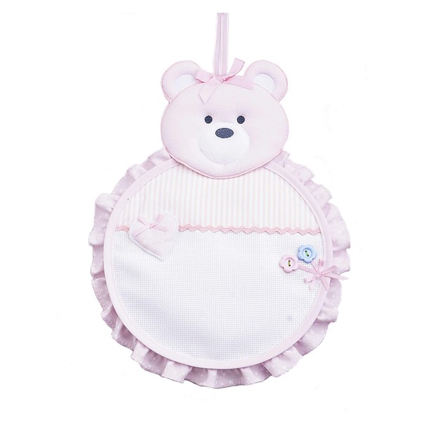 FILET - Cotton Baby Bow in the Shape of a Bear, with Aida to Embroider, Outdoor Rosette Ideal to Hang to Announce the Birth of a Girl, Made in Italy, Pink