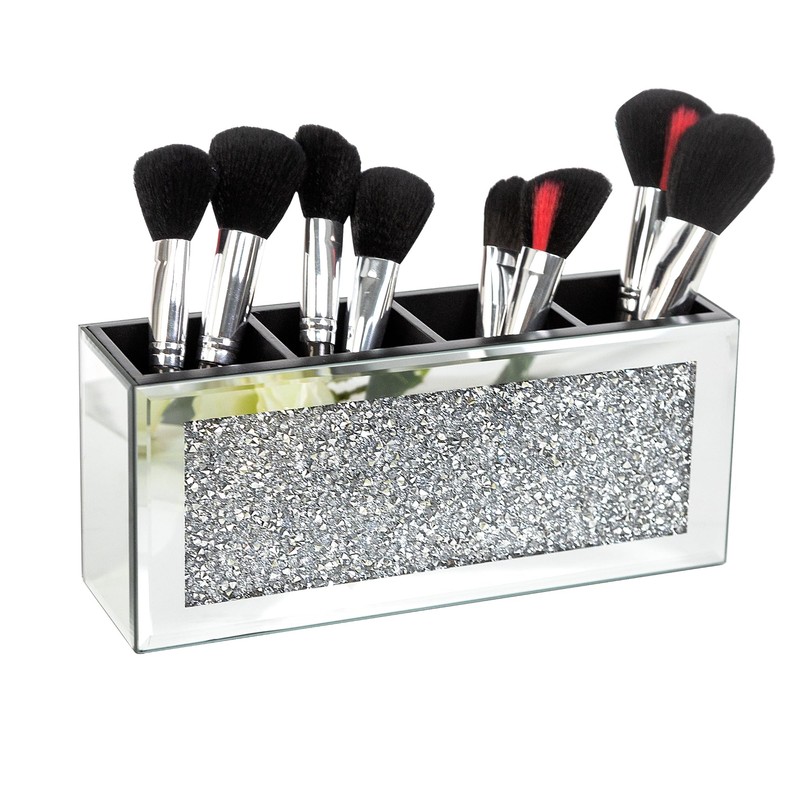 SHYFOY 4-Compartment Makeup Brush Holder, Mirrored Makeup Organizer with Crushed