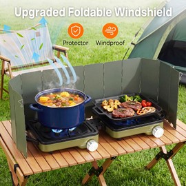 2-Burner Portable Propane Camping Stove with Windshield, 30000 BTU Foldable Gas Stove with Independently Adjustable Heat Coffee Stand & Carry Bag, Gas Stove for Cooking, Tailgating (Green)