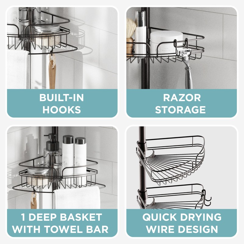 Zenna Home Tension Pole Shower Caddy Corner Organizer, Adjustable Standing