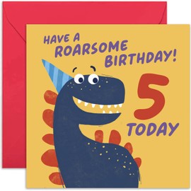 Old English Co. Happy 5th Birthday Card for Boy or Girl - Roarsome Funny Cartoon Dinosaur Fifth Birthday Card - Age Five Card - For Son, Daughter, Grandson, Granddaughter | Blank Inside Envelope