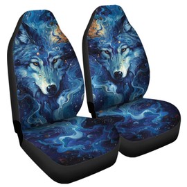 Gearider 2 Pieces Durable Car Seat Covers Front Seats Only Blue Wolf Design Auto Bucket Seat Cover Protector Universal Seat Cushion for Cars, Sedan, Van, Trucks