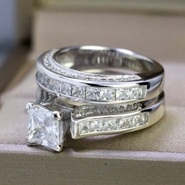 White Gold Plated Womens Wedding Ring Sets Bridal Sets Princess Cut Cz Engagement Ring Wedding Bands