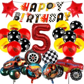 Auto Birthday Party Decorations 5 Years for Boys- Wheel Foil Balloons Happy Birthday Car Party Decorations Racing Theme Helium Balloons Banner for Kids Baby Shower Christmas Background Supplies