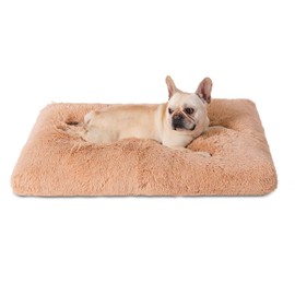 Bedfolks Waterproof Dog Crate Bed,Plush Dog Bed with Removable Washable Cover,Faux Fur Dog Crate Pad for Large Dogs,Fluffy Dog Kennel Bed 35"x23",Solid Camel