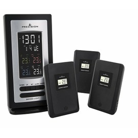 Precision Radio Controlled Multi-Temperature Digital Clock with Alarm and Snooze Function, Date Display & 3 Remote Temperature Sensors, Black and Grey, One Size, (PREC0114)