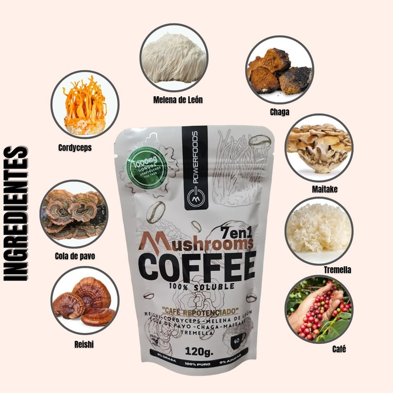 Café soluble con 7 hongos adaptógenos Reishi, Melena de León,