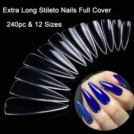 LoveOurHome 240pc Long Stiletto Nail Tips XL Clear Acrylic False Nails Pointy Stiletto Artificial Fake Nail Art Tips Full Cover 12 Size Manicure DIY Fingernails Design Nail Decor for Women Girls