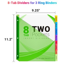 8-Tab Dividers for 3-Ring Binders, 48 Counts 3 Holes Index Dividers with 2 Pockets, Insertable 8 Tabs Binder Divider for 1/2''/1''/2''/3'' inch Binders, 8 Colors (6)