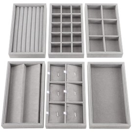 BELLE VOUS Pack of 6 Stackable Jewellery Organiser Made of Grey Velvet - Jewellery Insert for Drawers in 6 Different Designs - Total 36 Compartments for Rings, Bracelets, Earrings & Chains Storage