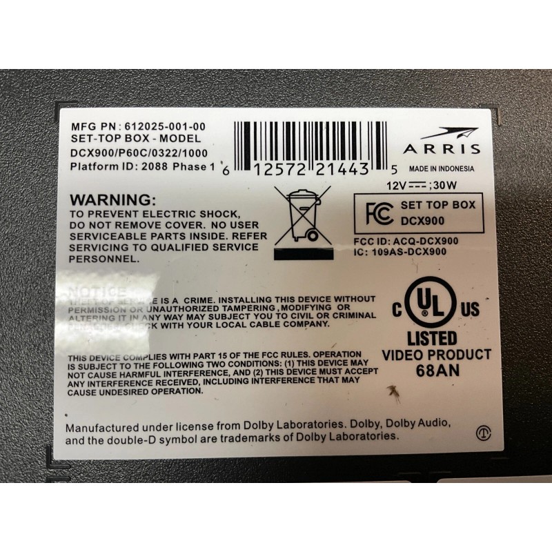 ARRIS New Arris 612025-001-00 TIVO SET-TOP BOXMODEL DCX900/P60C/03