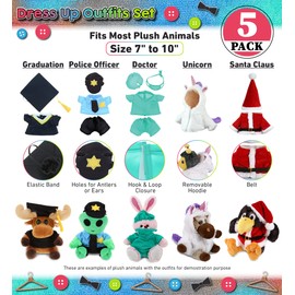 DolliBu Large Stuffed Animal Dress Up Set for Teddy Bear Toys - Costume Pack Has Unicorn, Santa Claus, Graduation Gown, Doctor Scrub Uniform, and Police Officer Clothes for Stuffed Animals - 5 Outfits