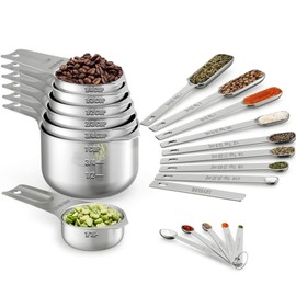 Wildone Measuring Cups & Spoons Set of 21 - Includes 7 Stainless Steel Nesting Cups, 8 Measuring Spoons, 1 Leveler & 5 Mini Measuring Spoons, Ideal for Dry and Liquid Ingredients