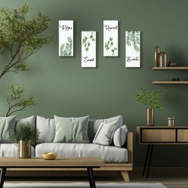 ONIZHITY 4 Pcs Farmhouse Bathroom Decor Green Decoration With Green Leaf Relax Soak Unwind Breathe Positive Wooden Wall Art Rustic for Home Bedroom Living Room Office Kithcen(Green Leaves 10X4 Inch)