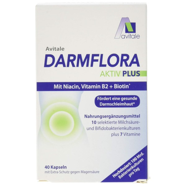 Avitale Darmflora Aktiv Plus with 100 billion lactic acid and bifidobacteria from 10 selected strains and vitamin A, B1, B2, B6, biotin, folic acid & niacin, 40 capsules