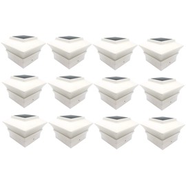 RELIGHTABLE (12 Pack) 4" x 4" Solar Power Square Outdoor Post Cap Lights for PVC Vinyl (White w/Frosted Lens)