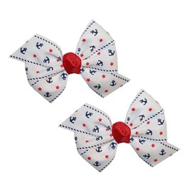 WEBB DIRECT2U Baby Girls Set of 2 Nautical Anchor Red White Blue 3" Pigtail Hair Bows