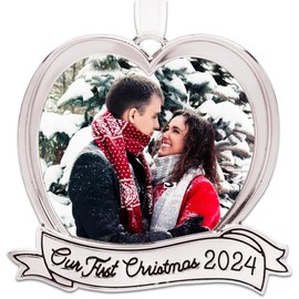 Our First Christmas Ornament – Wedding Ornaments 2024 – Heart Picture Frame Ornament with Silver Ribbon – 2024 Christmas Ornament for Engaged or Newlyweds