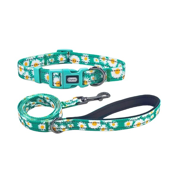 Olahibi Dog Collar and Leash Combo Set, Cute Daisy Pattern,