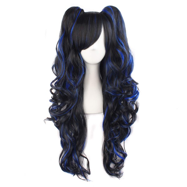 MapofBeauty Multi-color Lolita Long Curly Clip on Ponytails Cosplay Wig (Black/Blue)
