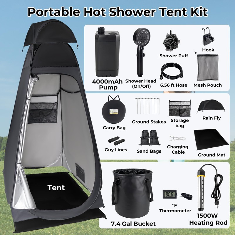 Portable Camping Shower Kit: 6ft Tent, 4000mAh Pump, 1500W Heater