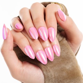 GLAMERMAID Press on Nails Short Almond, Bright Pink Chrome Fake Nails Pure Stiletto, Donut Mirror Powder Handmade Glossy Gel Stick Glue on Nails Tips for Women, Reusable Acrylic Daily False Nail Kits