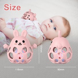 HOTUT Silikon Babyrassel Kaninchen, BPA-frei Spielzeug-Silikon Baby Ball Beißring, Weich Greifball für Babys, Baby Rassel Beißring Spielzeug für Neugeborene Kleinkinder (Hell-Pink)