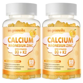 Calcium Magnesium Zinc Gummies with Vitamin D3 & K2 - High Potency Enhanced Absorption -120 Orange Gummies Flavored