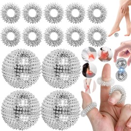 Mikqky 14 Pieces Magnetic Massage Ball Set, Acupressure Balls, Acupressure Ring Finger, Hedgehog Balls Massage Rings for Stress Relief, 4 x Magnetic Hedgehog Ball, 10 x Massage Rings (Silver)