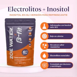 B-FIT Zoe Water Electrolitos con Inositol 401 - Zinc y Magnesio  405g, Potasio, Sabor Mandarina, Sin Azcar, Ideal para Mujeres, Regulacin Metablica   
