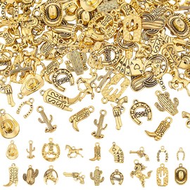 PH PandaHall 90pcs 18 Styles Western Cowboy Charms Tibetan Western Pendant Antique Golden Cowboy Boot Hat Horse Cactus Pendants Cowboy Metal Charms for Bracelet Necklace Keychain Jewellery Making