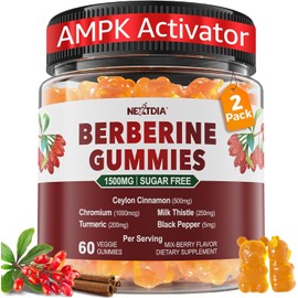 Berberine Gummies Supplement 1500mg, Natural GLP-1 Support + Ceylon Cinnamon, Chromium, Milk Thistle, Turmeric, AMPK Activator for Women & Men, Berberine HCl from Indian Barberry, Sugar Free, 2 Pack