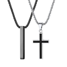 ZENGSING Men's Stainless Steel Necklace Cuboid Stainless Steel and Cross Chain Men's Bar Pendant Necklace Black/Silver Cross Pendant Chain Set of 2, Stainless Steel, No Gemstone