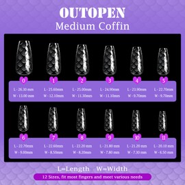 outopen 3D Fish Scales Coffin Nail Tips 120Pcs 12 Sizes Medium Coffin Shape Clear Acrylic Fake Nails Full Cover False Nails Tips Press On Nails for Nail Extension Salon Manicure Home DIY