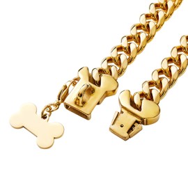 Yowity 15mm Wide Strong Stainless Steel Bone Style Buckle Gold Dog Chain Collar,18K Gold Plated Cuban Link Chain Dog Necklace Collar for Small Medium Dogs - 14''