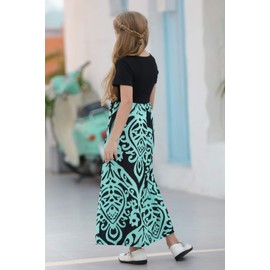 GORLYA Girl's Short Sleeve Patchwork Floral Print Loose Casual Long Maxi Dress with Pockets for 4-12 Years Kids (GOR1012, 6-7Y, Blue Print)