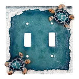 Sea Turtle Light Switch and Outlet Cover Electrical Plates – Hand-Painted Resin Wall Decor for Beach, Coastal & Nautical Styles – Ocean Waves Design - Mounting Screws Included (Double Toggle Switch)