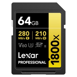 Lexar SD Card Professional 1800x SDXC Card Max Read 270MB/s Write 180MB/s UHS-II Class 10 U3 V60 4K Ultra HD Video Shooting Global Version (64GB)