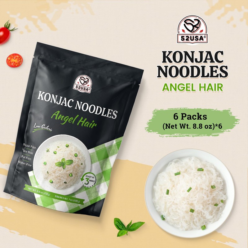 52USA Konjac Noodle, Regular, Angel Hair, Low-Calorie, Low-Carb, Keto-Friendly, Gluten-Free,