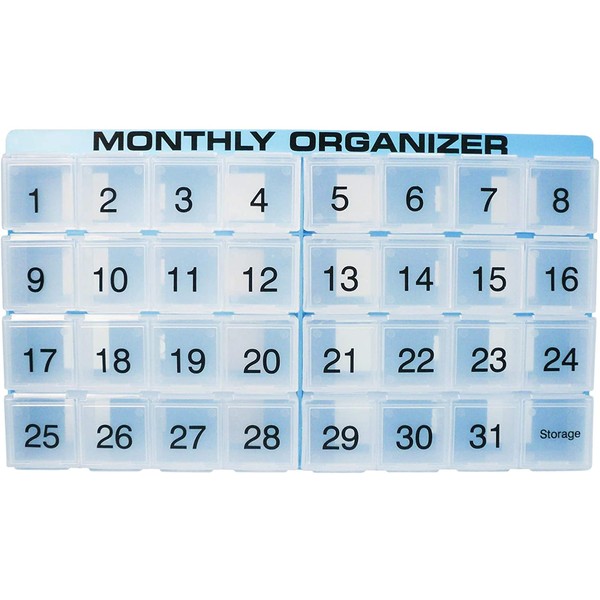 Monthly Pill Organizer | 31 compartments, 1 per Day, 4 Week Full Month 31 Day Pill Organizer | Includes Tray and 8 Removable compartments