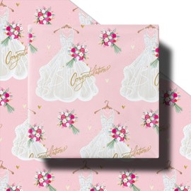 RUSPEPA Wedding Wrapping Paper Roll, Mini Roll, Pink Gift Wrap with Wedding Dress, Flower and Congratulations Lettering Design, Perfect for Bride Gift, Engagement, Bridal Shower, 17 Inches x 16.4 Feet