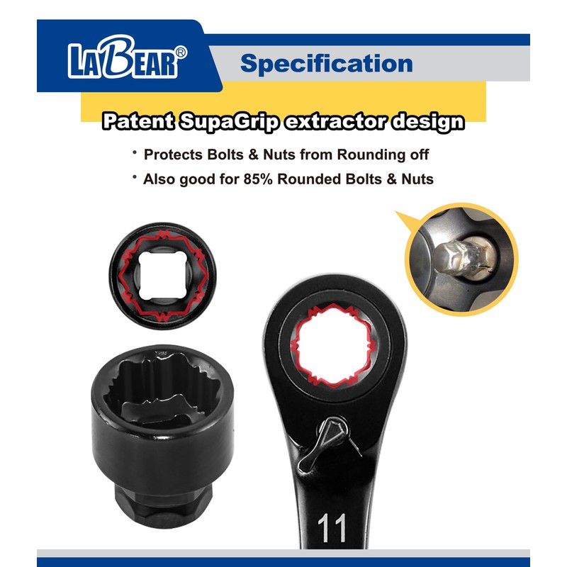 LABEAR-Low Profile 120-Tooth Reversible Ratchet wrench socket set, Non-slip socket,